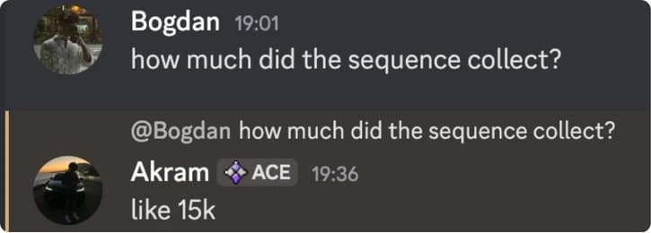 Discord message: Bogdan asks how much the sequence collected; Akram replies: like 15k.
